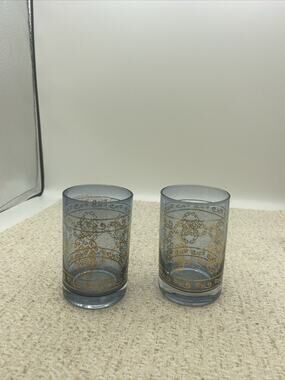 glass cups blue W/gold embellishment 4” Tall set of 2